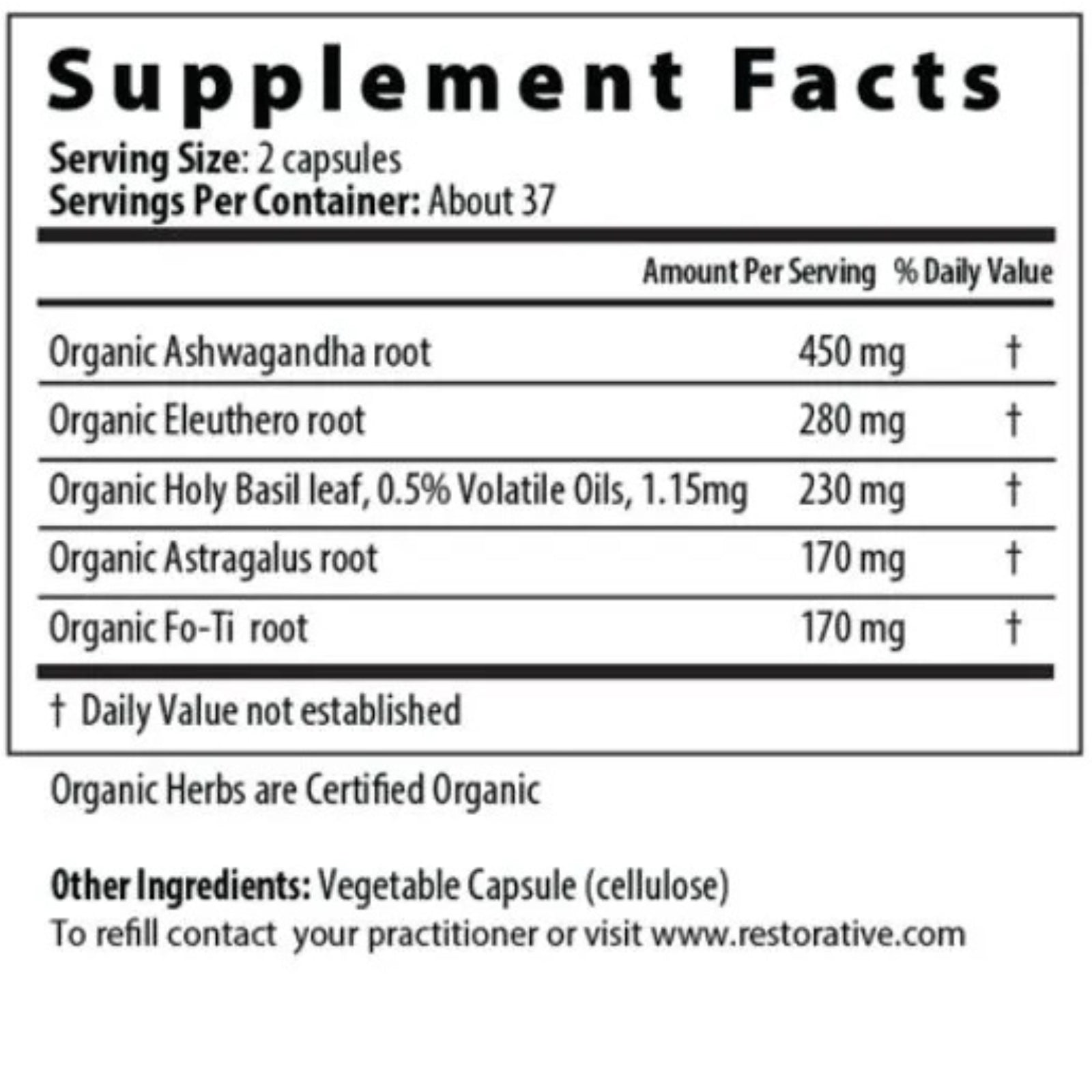 Restorative Formulations, Adaptogen, 75 Capsules UPC 850030558060 | HiLife Vitamins