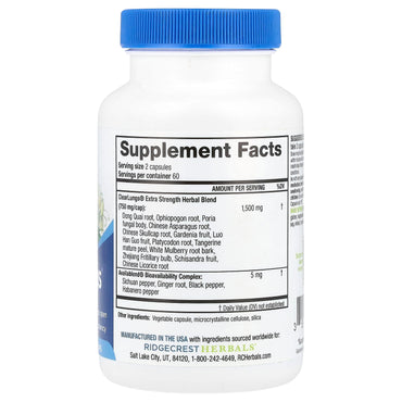 Ridgecrest Herbals, ClearLungs, Extra Strength, 120 Vegan Capsules UPC 355724001568 | HiLife Vitamins