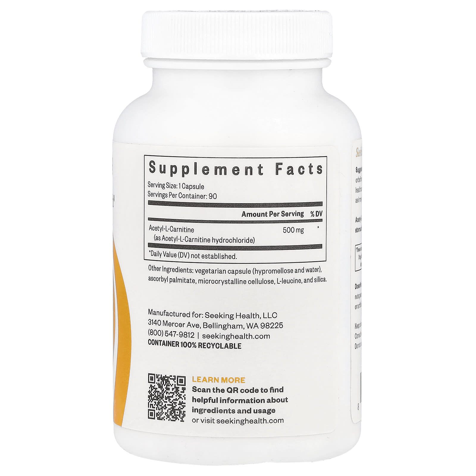 Seeking Health, Acetyl-L-Carnitine, 500 mg, 90 Capsules UPC 810007520087 | HiLife Vitamins