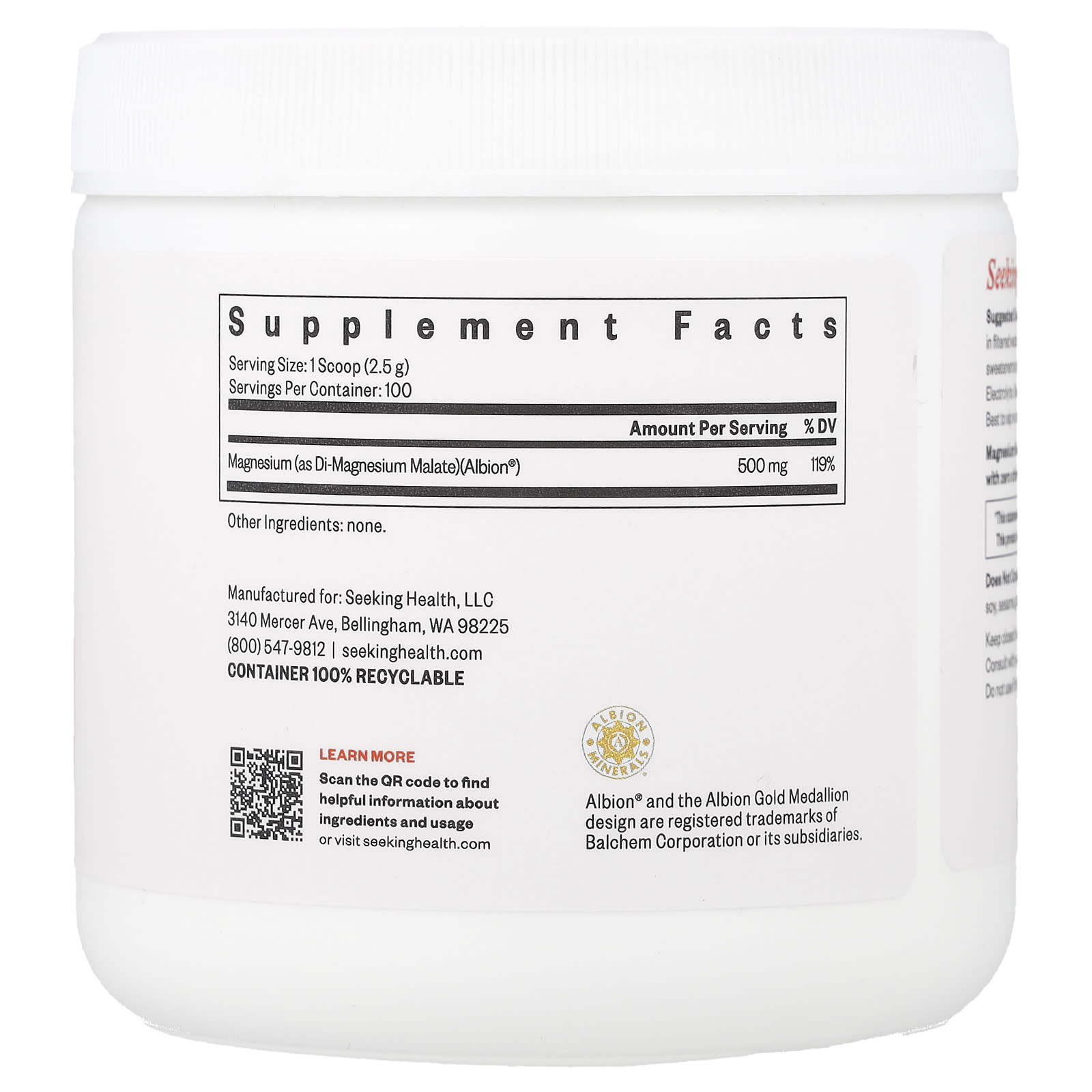 Seeking Health, Magnesium Malate Powder, 500 mg, 8.82 oz (250 g) UPC 810007520667 | HiLife Vitamins