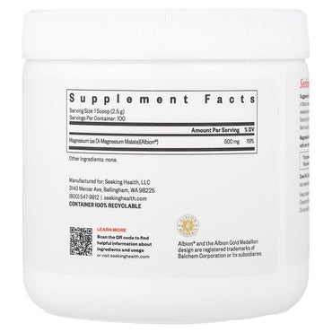 Seeking Health, Magnesium Malate Powder, 500 mg, 8.82 oz (250 g) UPC 810007520667 | HiLife Vitamins