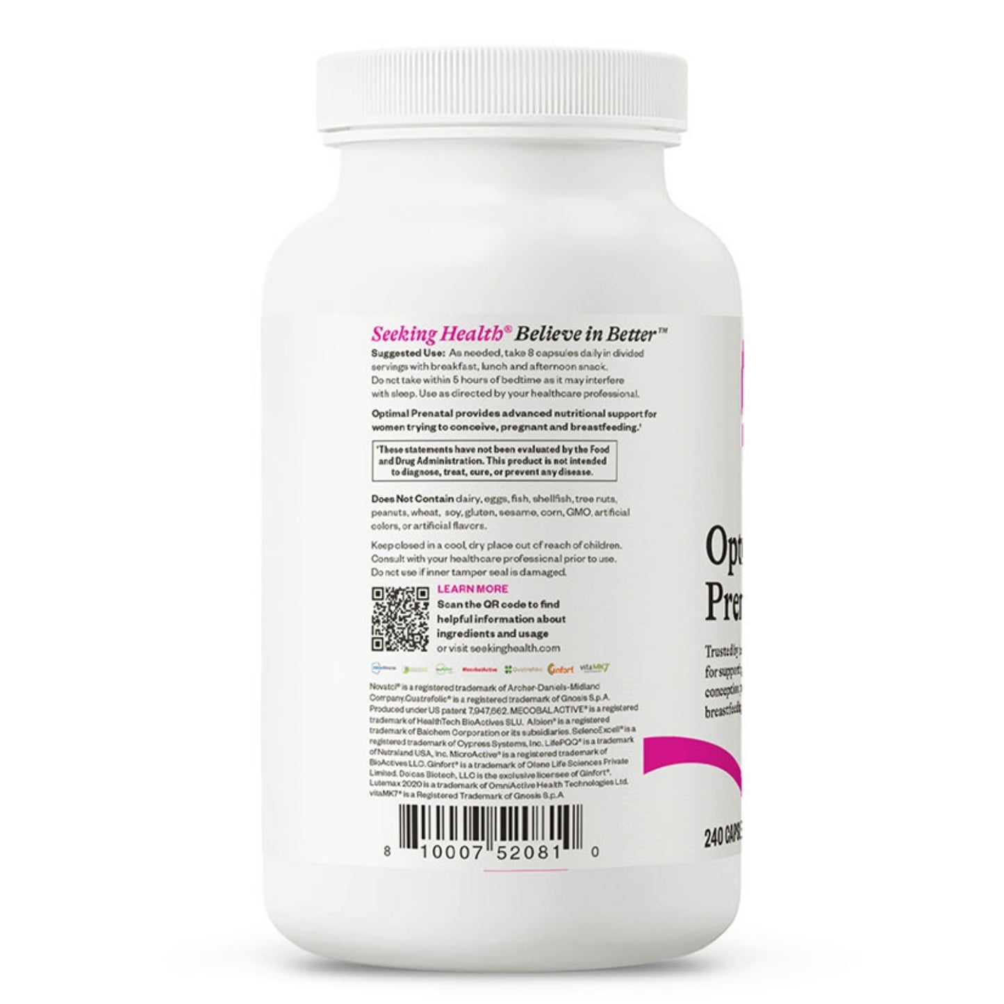 Seeking Health, Optimal Prenatal, 240 Vegetarian Capsules UPC 810007520810 | HiLife Vitamins