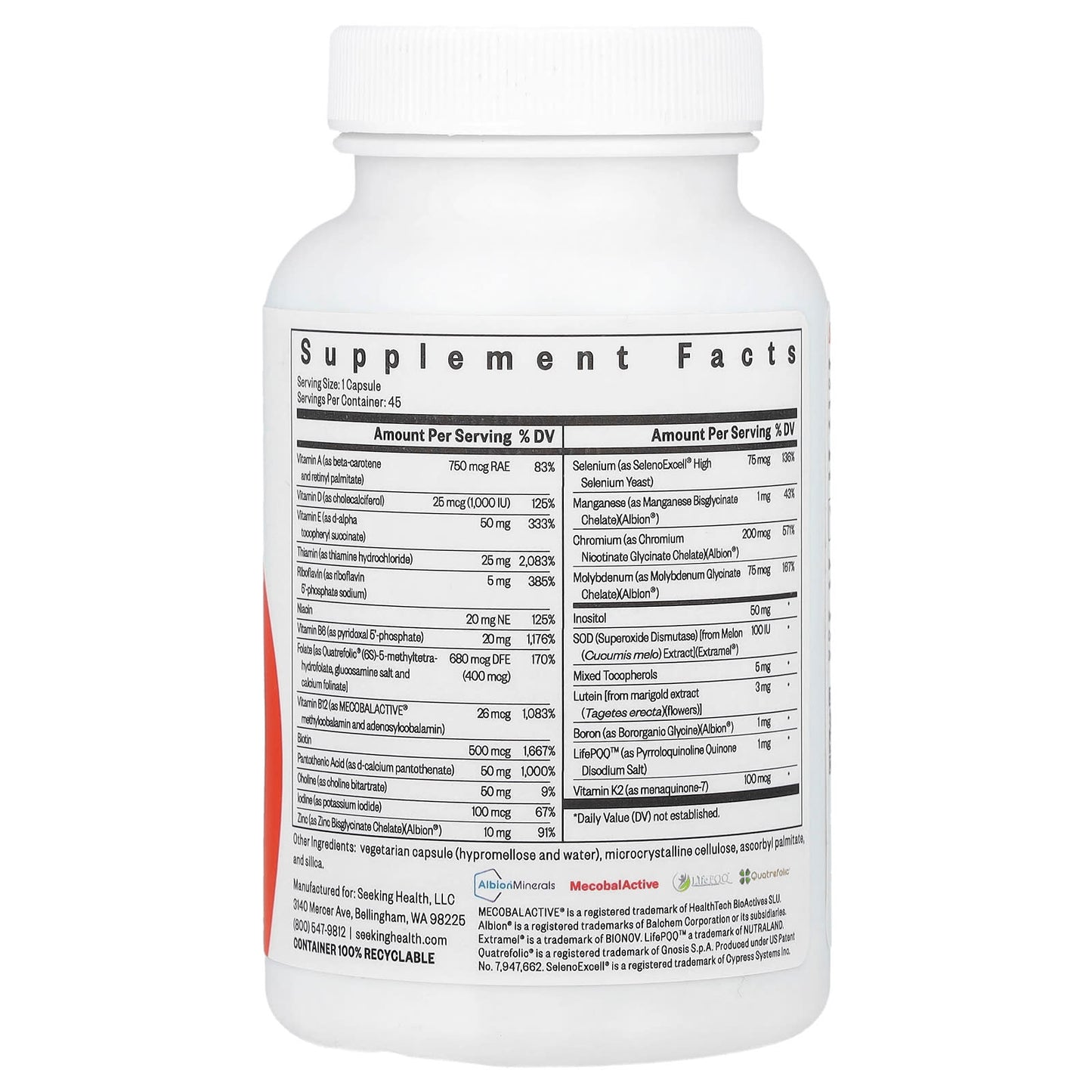 Seeking Health, Multivitamin One, 45 Vegetarian Capsules UPC 810007520933 | HiLife Vitamins