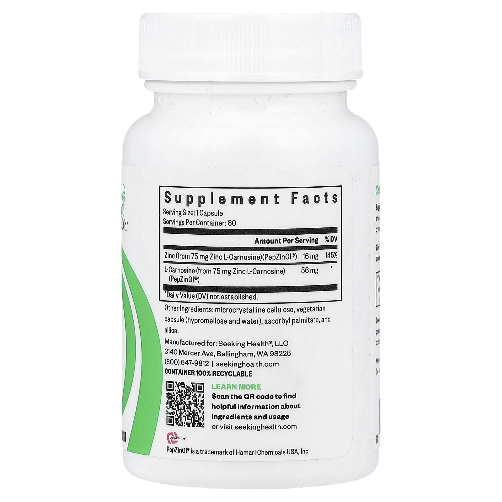 Seeking Health, Zinc Carnosine, 60 Vegetarian Capsules UPC 810007521398 | HiLife Vitamins