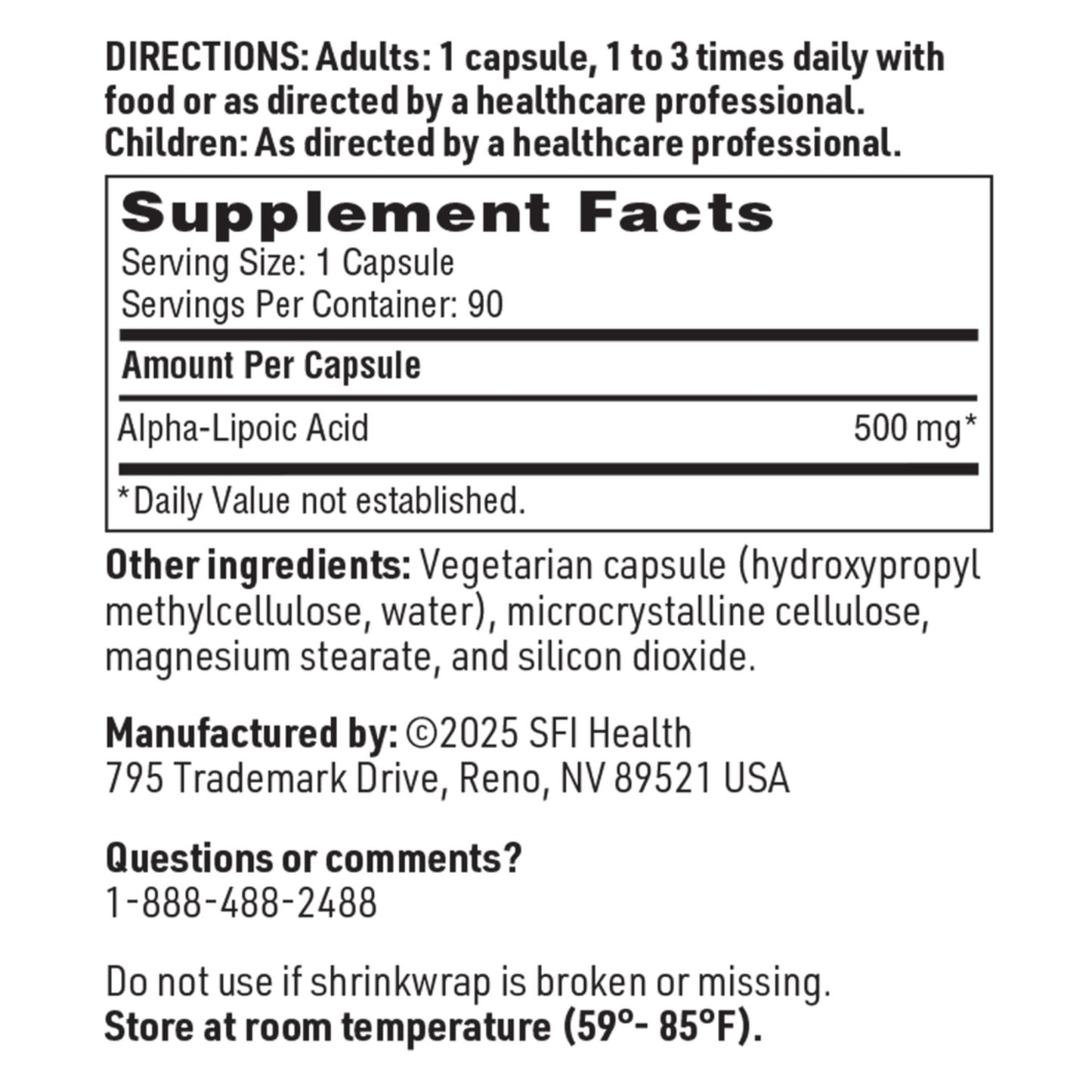 SFI Health, Alpha-Lipoic Acid, 500 mg, 90 Capsules UPC 817234012293 | Hilife Vitamins