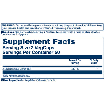 Solaray, Alfalfa Leaf 860 mg, 100 VegCaps UPC 076280001105 | HiLife Vitamins