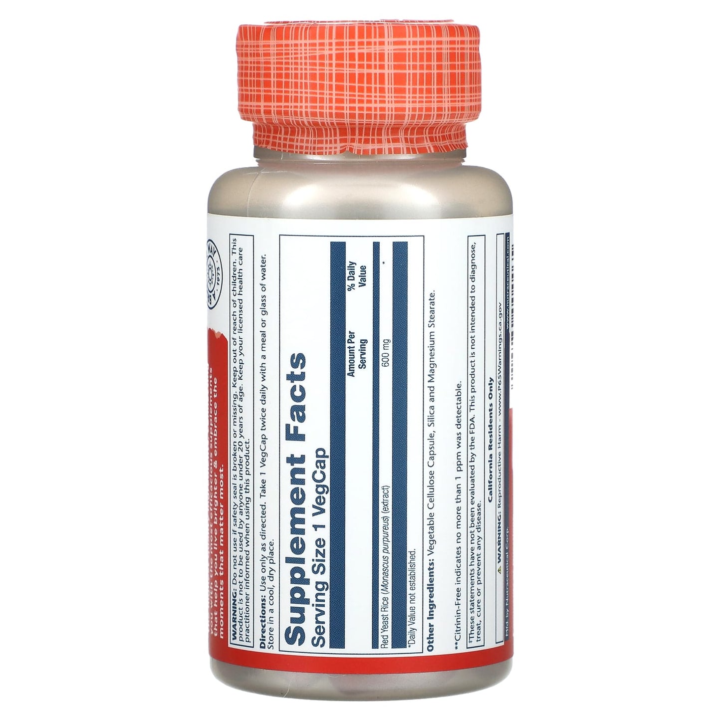 Solaray, Red Yeast Rice, 600 mg, 45 VegCaps UPC 076280004465 | HiLife Vitamins