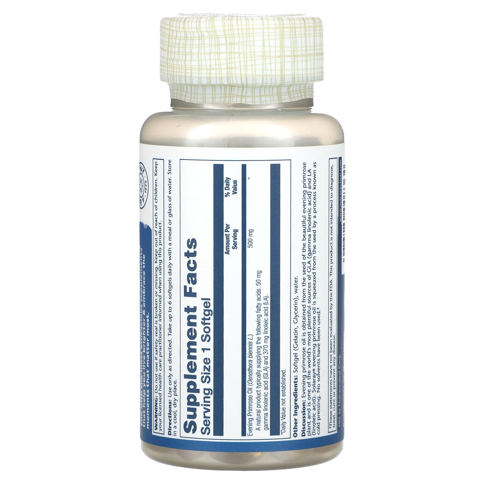 Solaray, Plant Sourced Evening Primrose Oil, 500 mg, 90 Softgels UPC 076280008364 | HiLife Vitamins