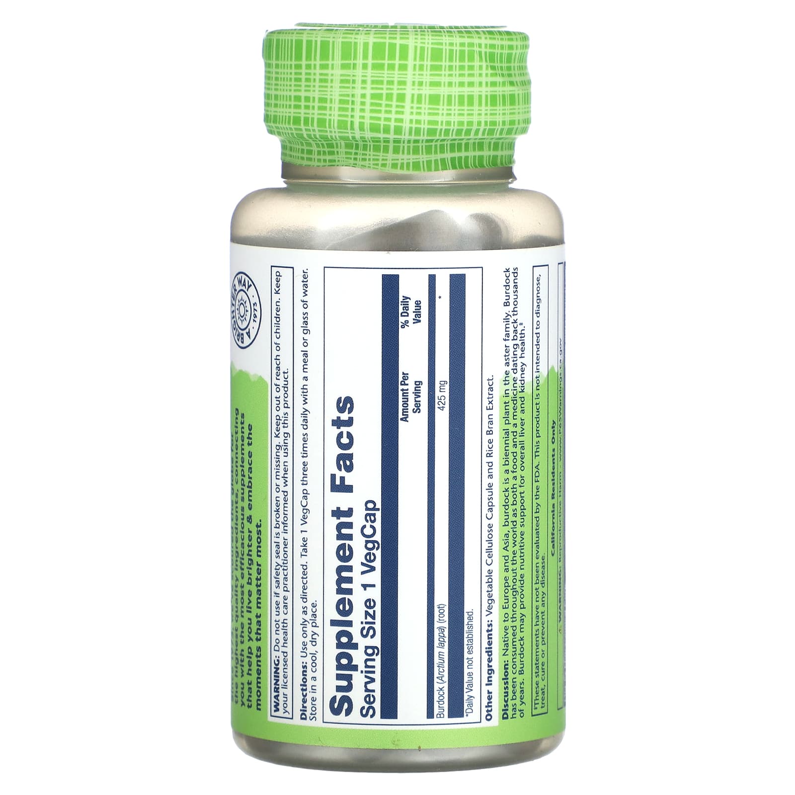 Solaray, True Herbs, Burdock, 425 mg, 100 VegCaps UPC 076280011104 | HiLife Vitamins