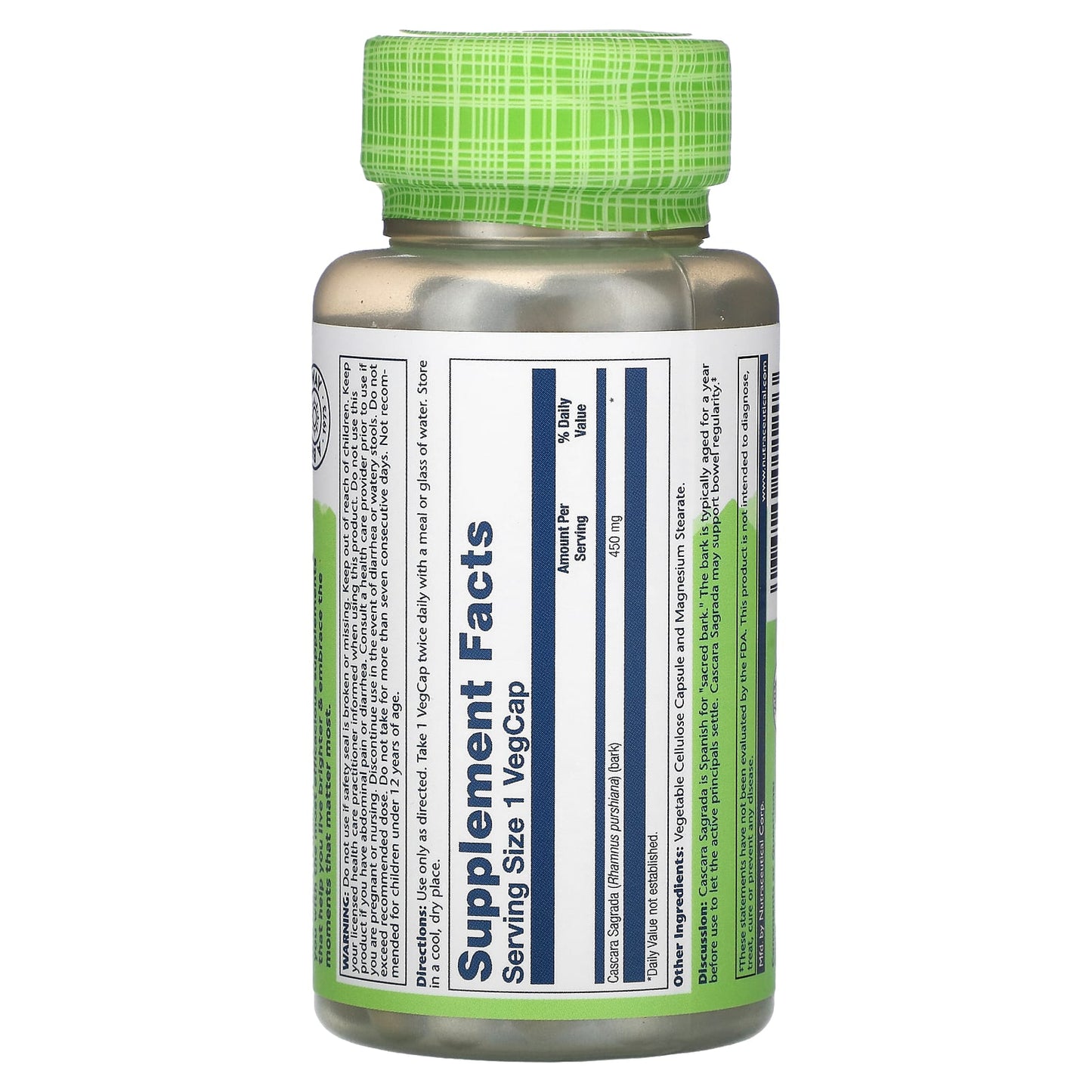 Solaray, Cascara Sagrada 450mg, 100 VegCaps UPC 076280011203 | HiLife Vitamins