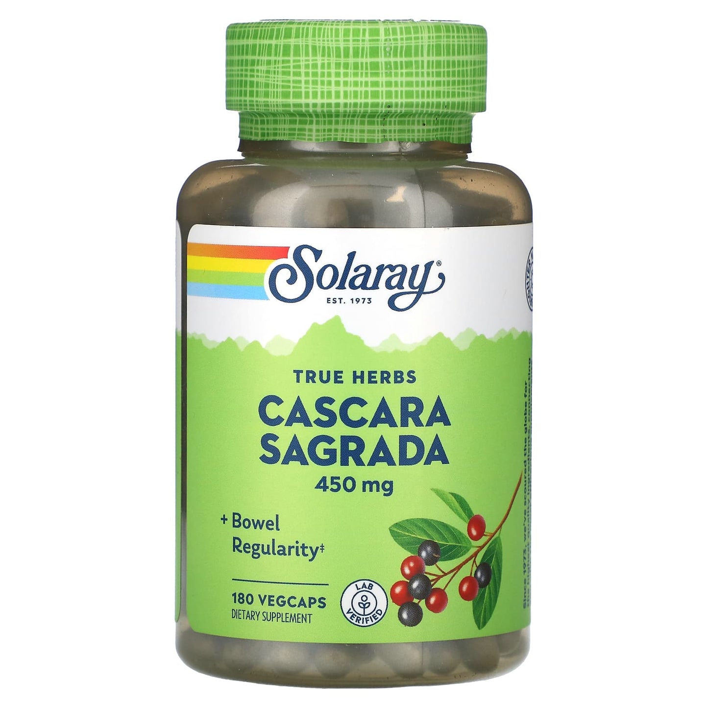 Solaray, Cascara Sagrada, True Herbs, 450 mg, 180 Vegetarian Capsules UPC 076280011210 | HiLife Vitamins