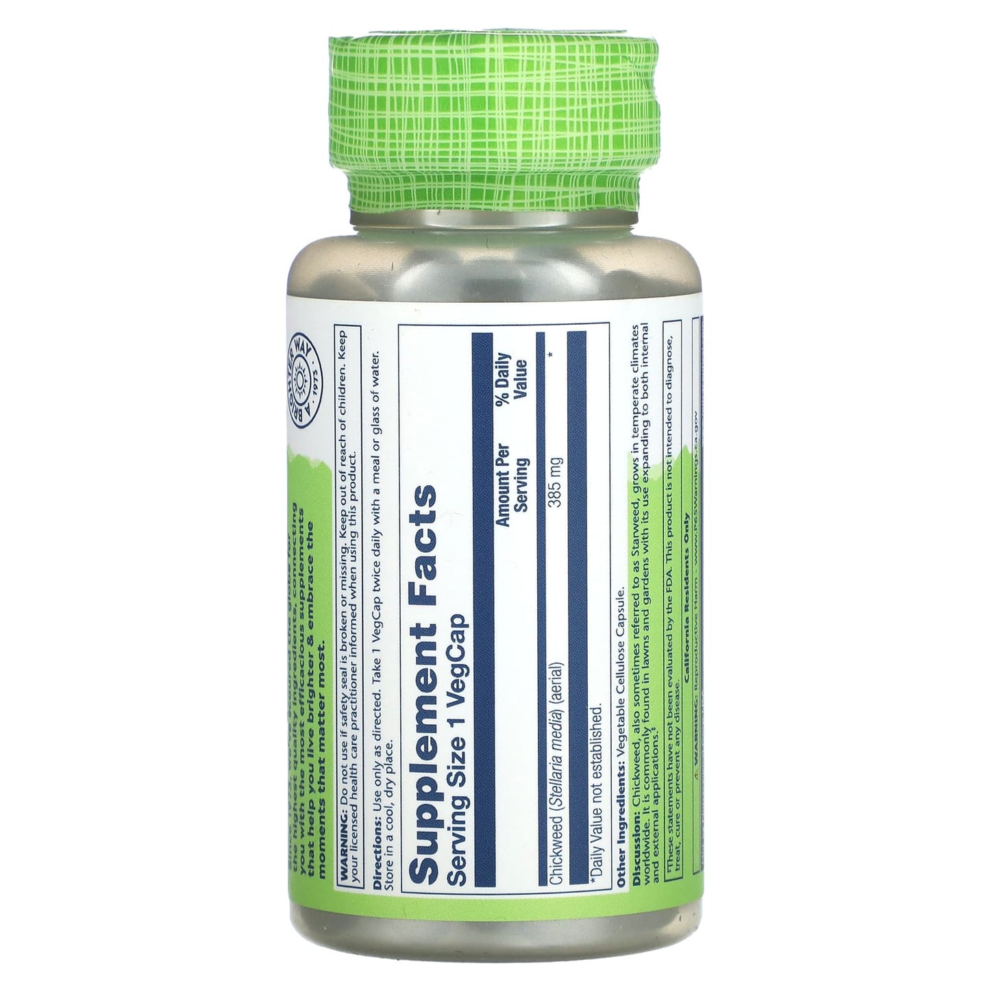 Solaray, True Herbs, Chickweed, 385 mg, 100 VegCaps UPC 076280011807 | HiLife Vitamins