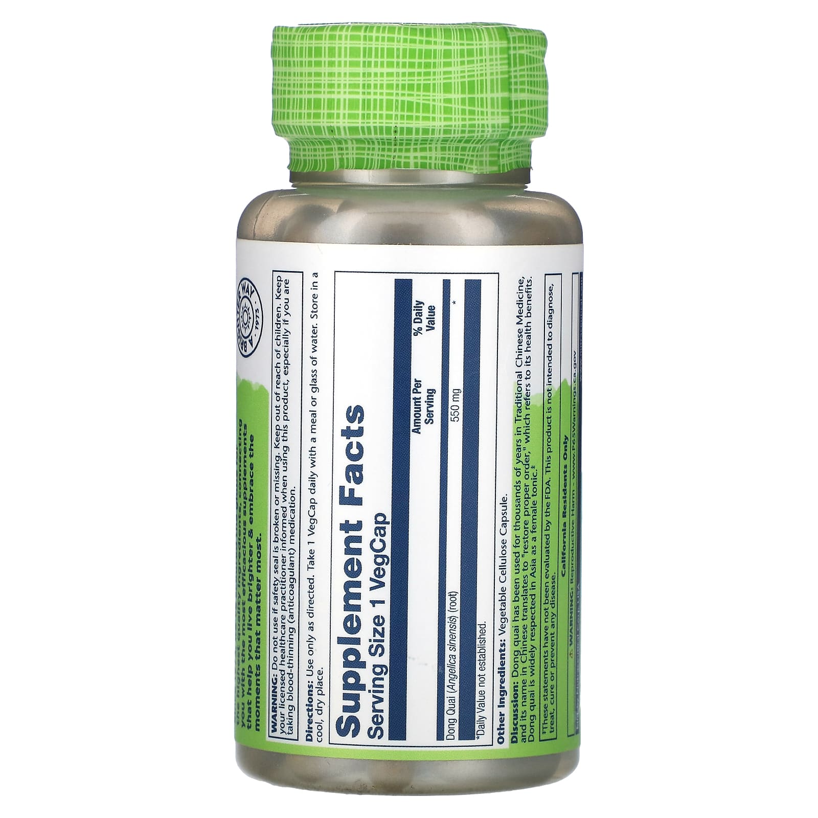 Solaray, True Herbs, Dong Quai, 550 mg, 100 VegCaps UPC 076280012354 | HiLife Vitamins
