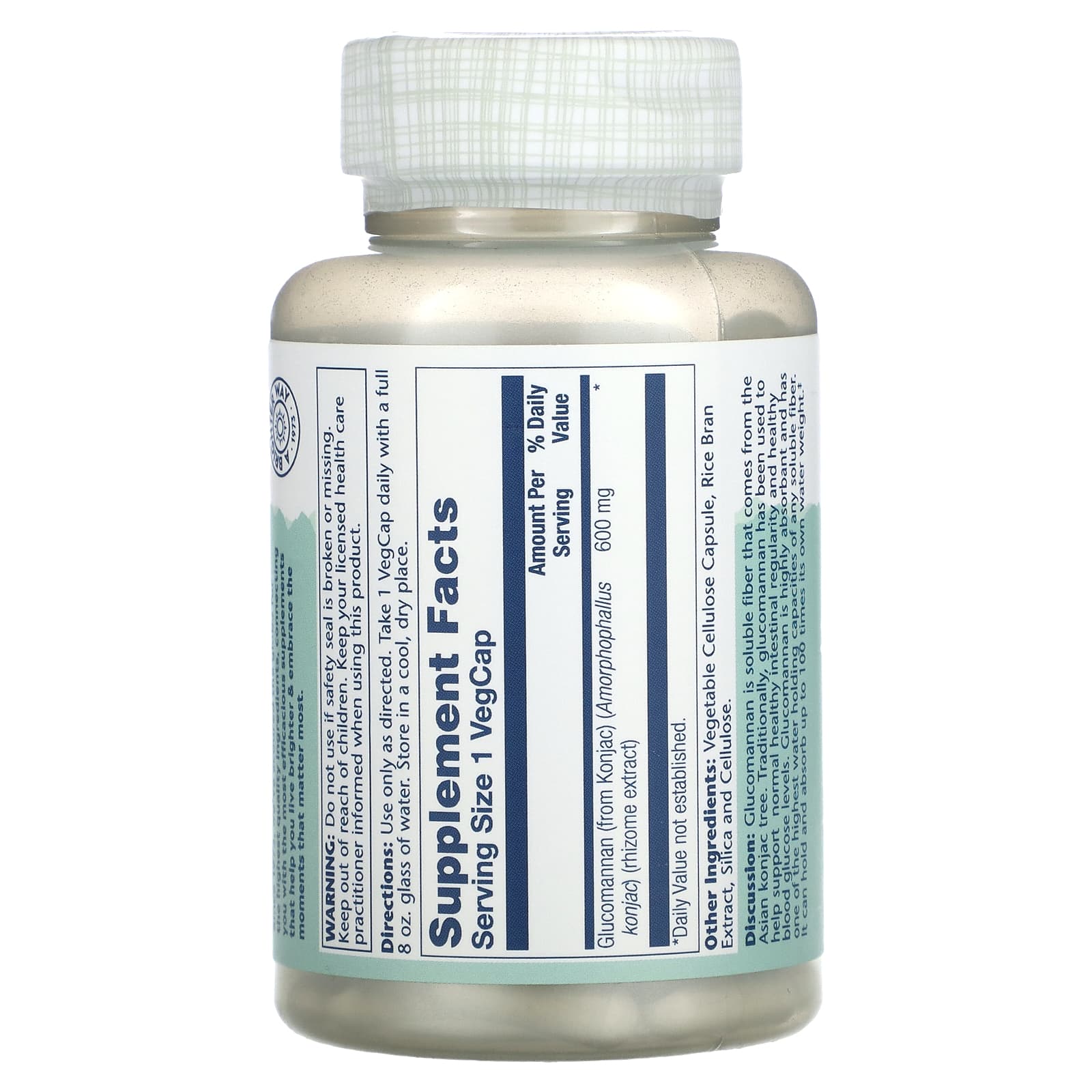 Solaray, Glucomannan 600 mg, 100 VegCaps UPC 076280013214 | HiLife Vitamins