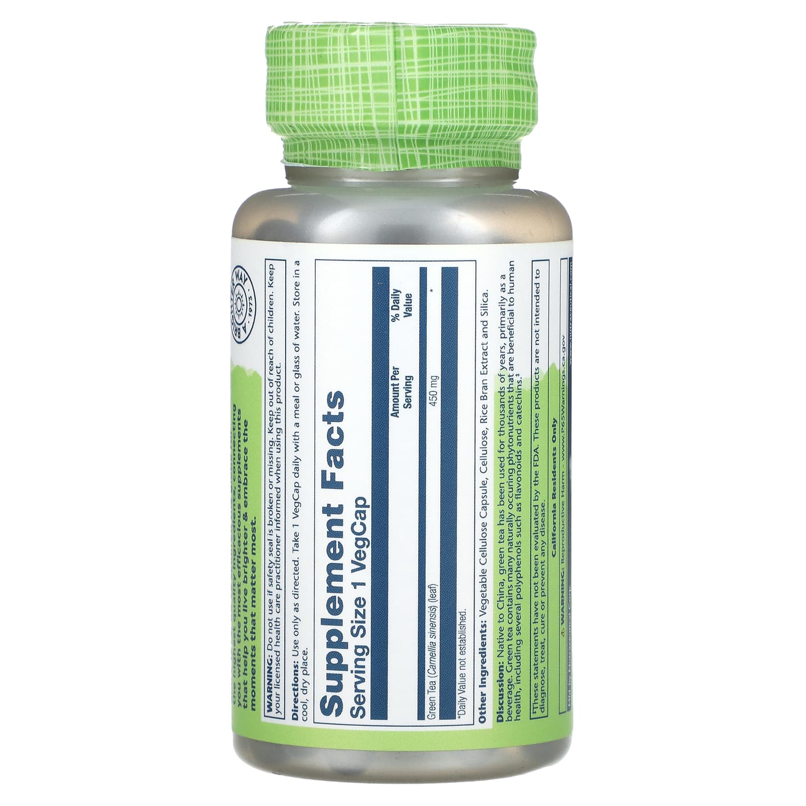 Solaray, True Herbs, Green Tea, 450 mg, 100 VegCaps UPC 076280013313 | HiLife Vitamins