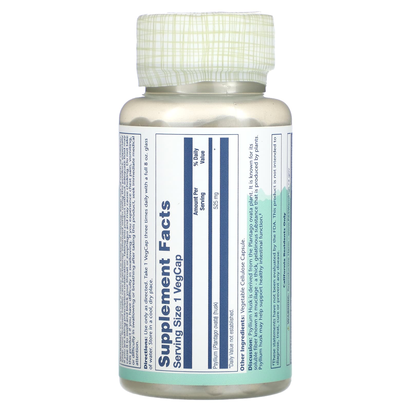 Solaray, Psyllium Husk, 525 mg, 100 VegCaps UPC 076280014600 | HiLife Vitamins