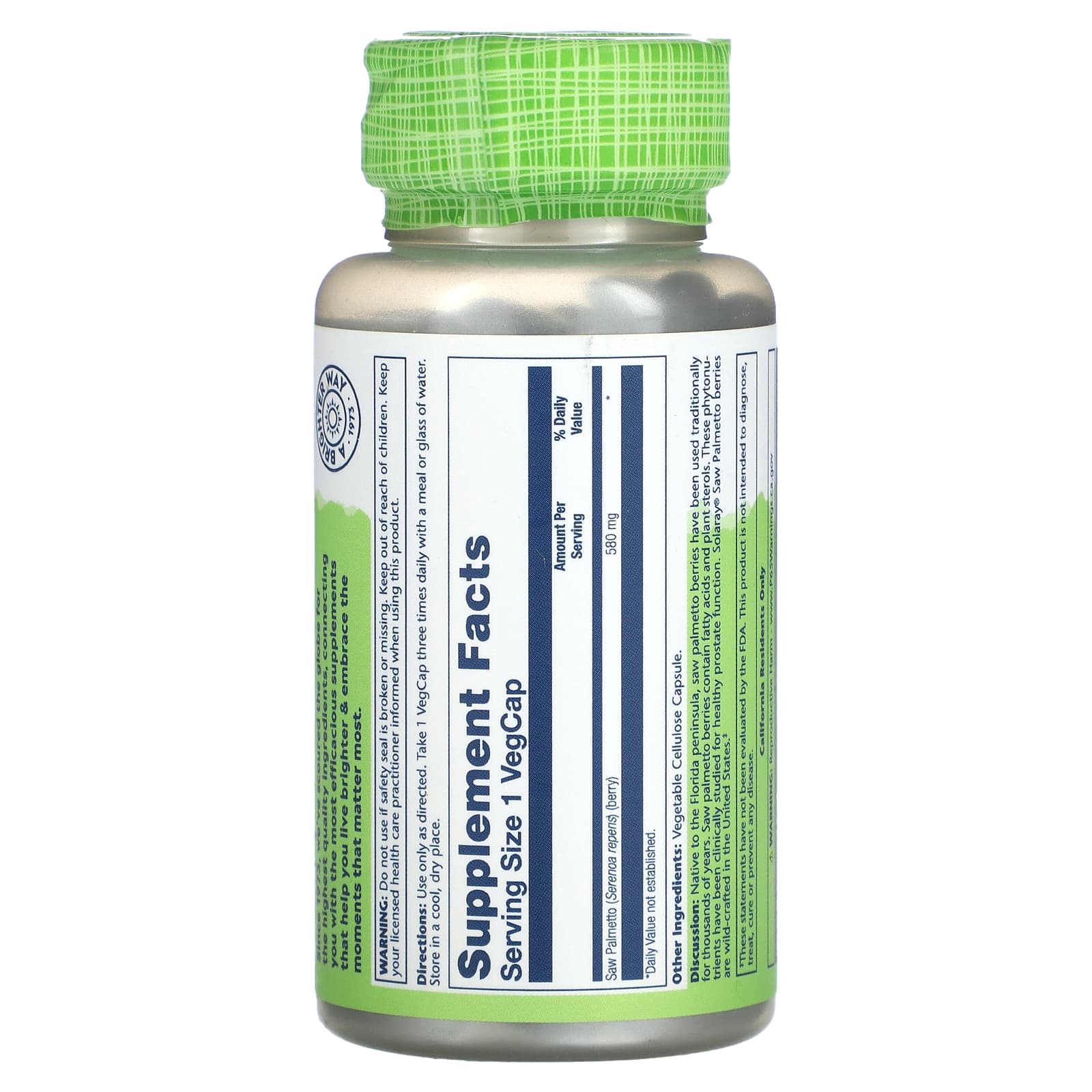 Solaray, True Herbs, Saw Palmetto, 580 mg, 100 VegCaps UPC 076280015508 | HiLife Vitamins