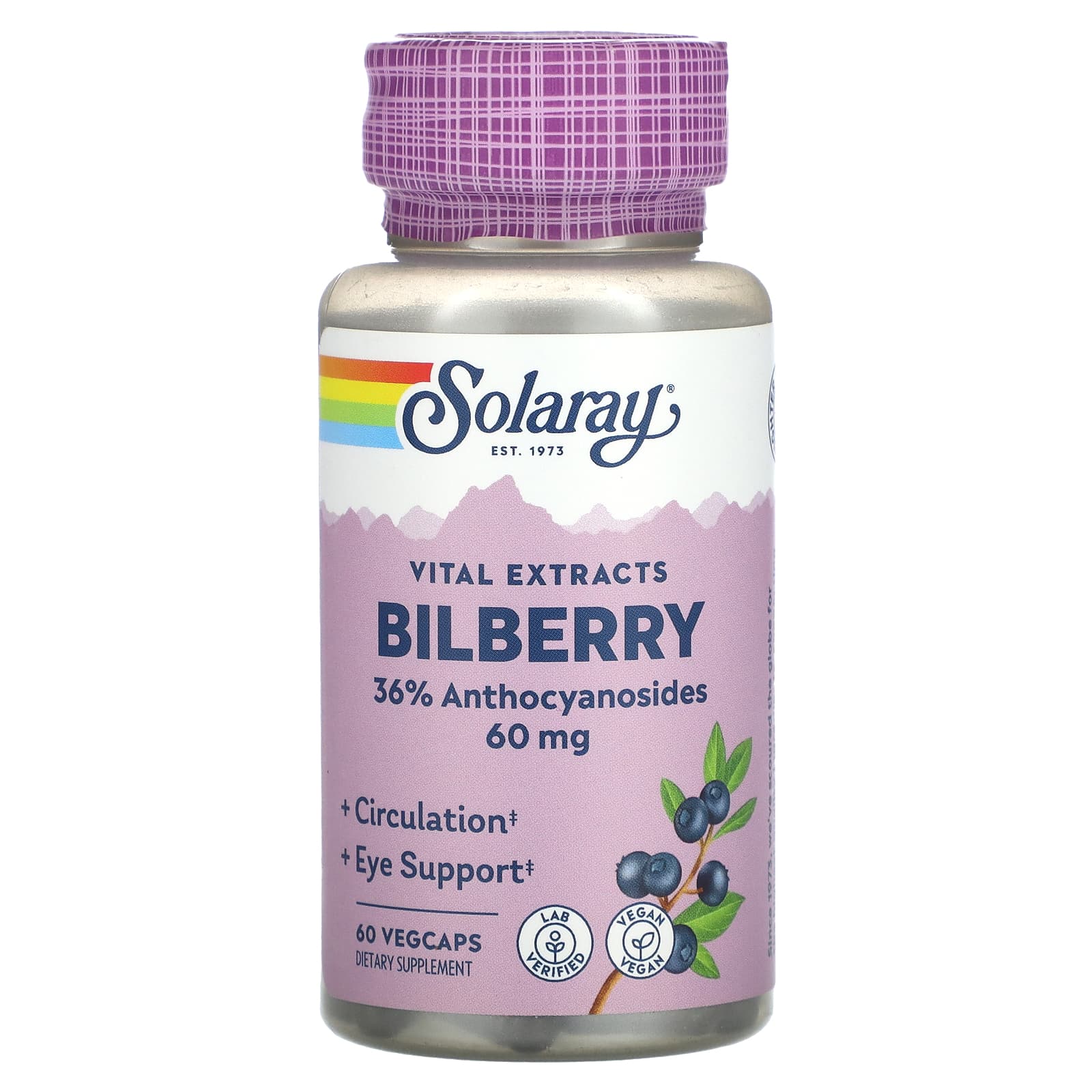 Solaray, Vital Extracts, Bilberry, 60 mg, 60 VegCaps UPC 076280031102 | HiLife Vitamins