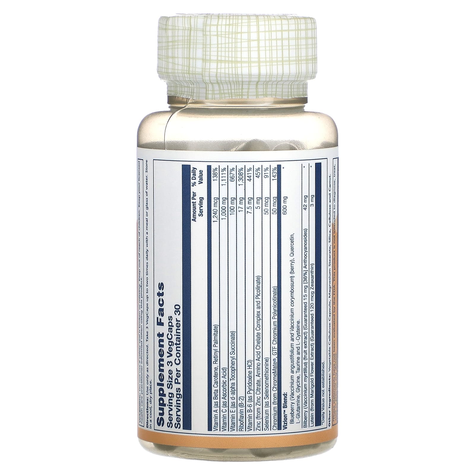 Solaray, Advanced Formula Vizion with Blueberry & Lutein, 90 VegCaps UPC 076280031508 | HiLife Vitamins