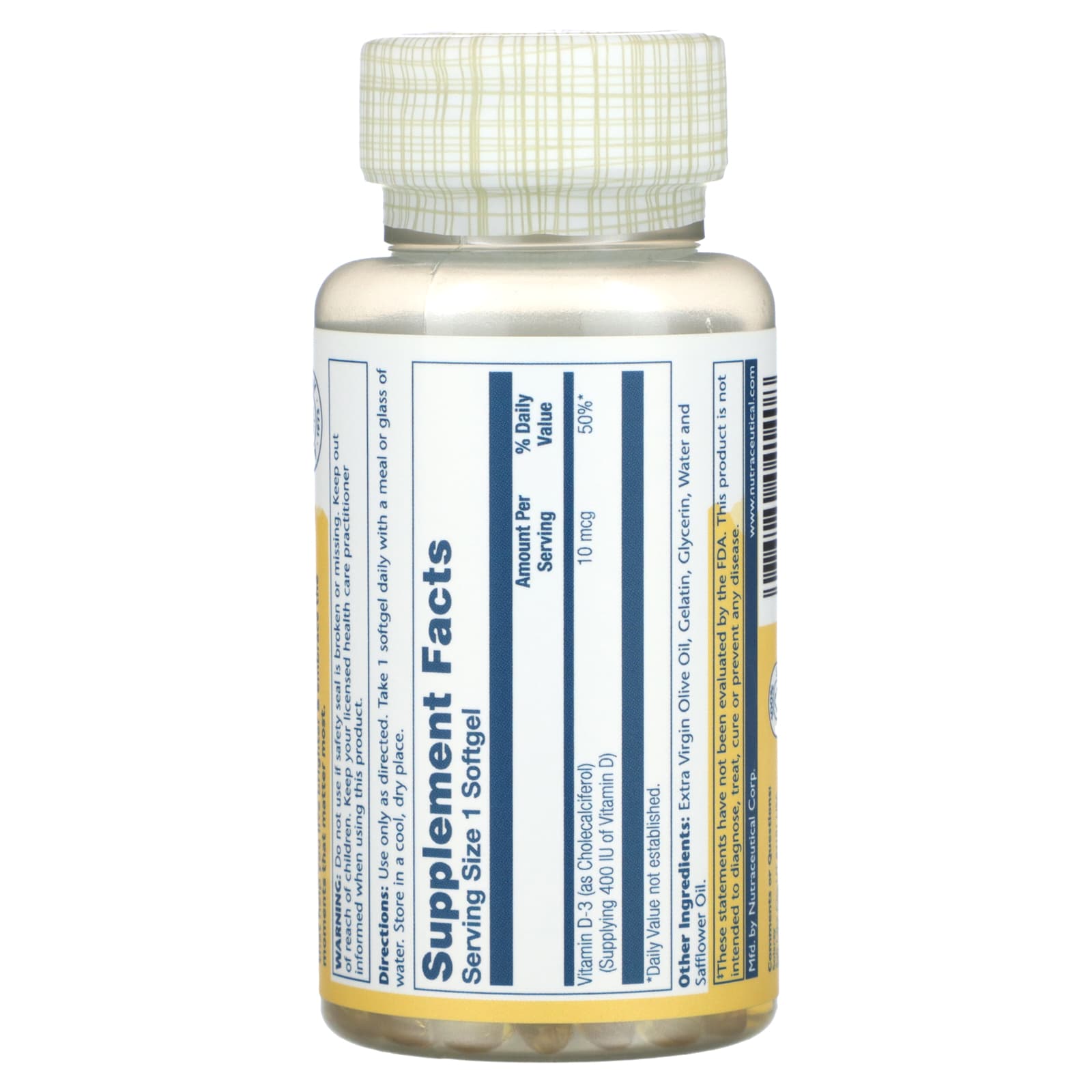 Solaray, Vitamin D-3, 10 mcg, 120 Softgels UPC 076280041408 | HiLife Vitamins