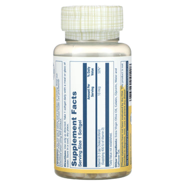 Solaray, Vitamin D-3, 10 mcg, 120 Softgels UPC 076280041408 | HiLife Vitamins