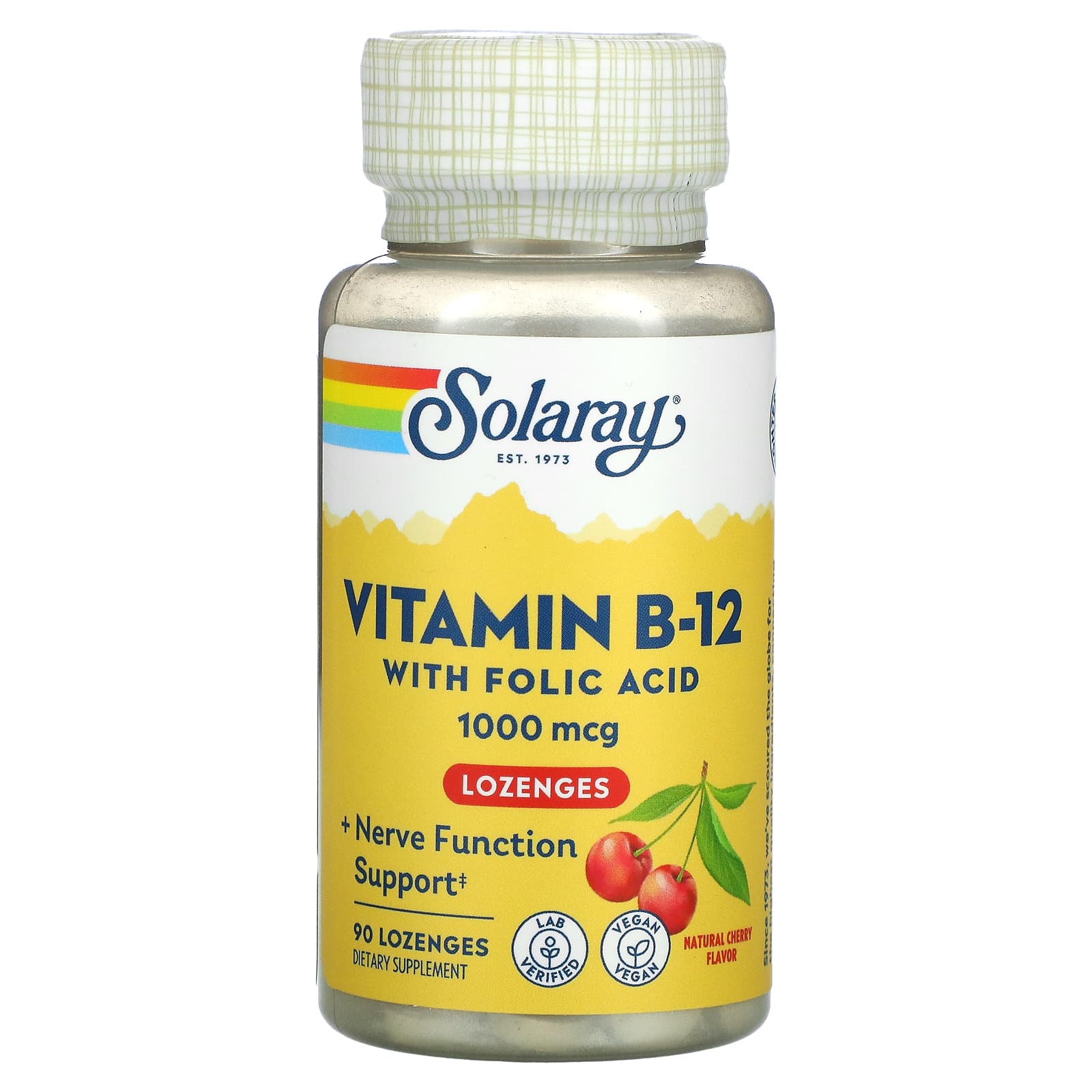 Solaray, Vitamin B-12 with Folic Acid, Natural Cherry , 1,000 mcg, 90 Lozenges UPC 076280043457 | HiLife Vitamins