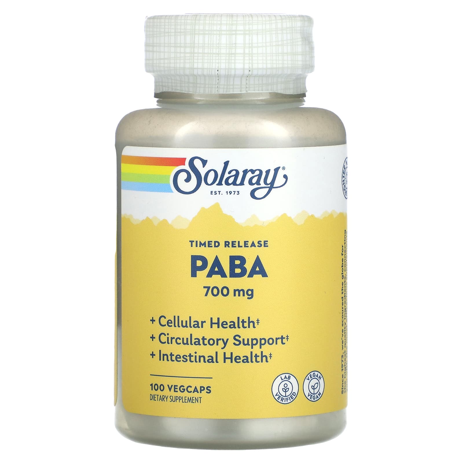 Solaray, Timed Release PABA, 700 mg, 100 VegCaps UPC 076280043693 | HiLife Vitamins