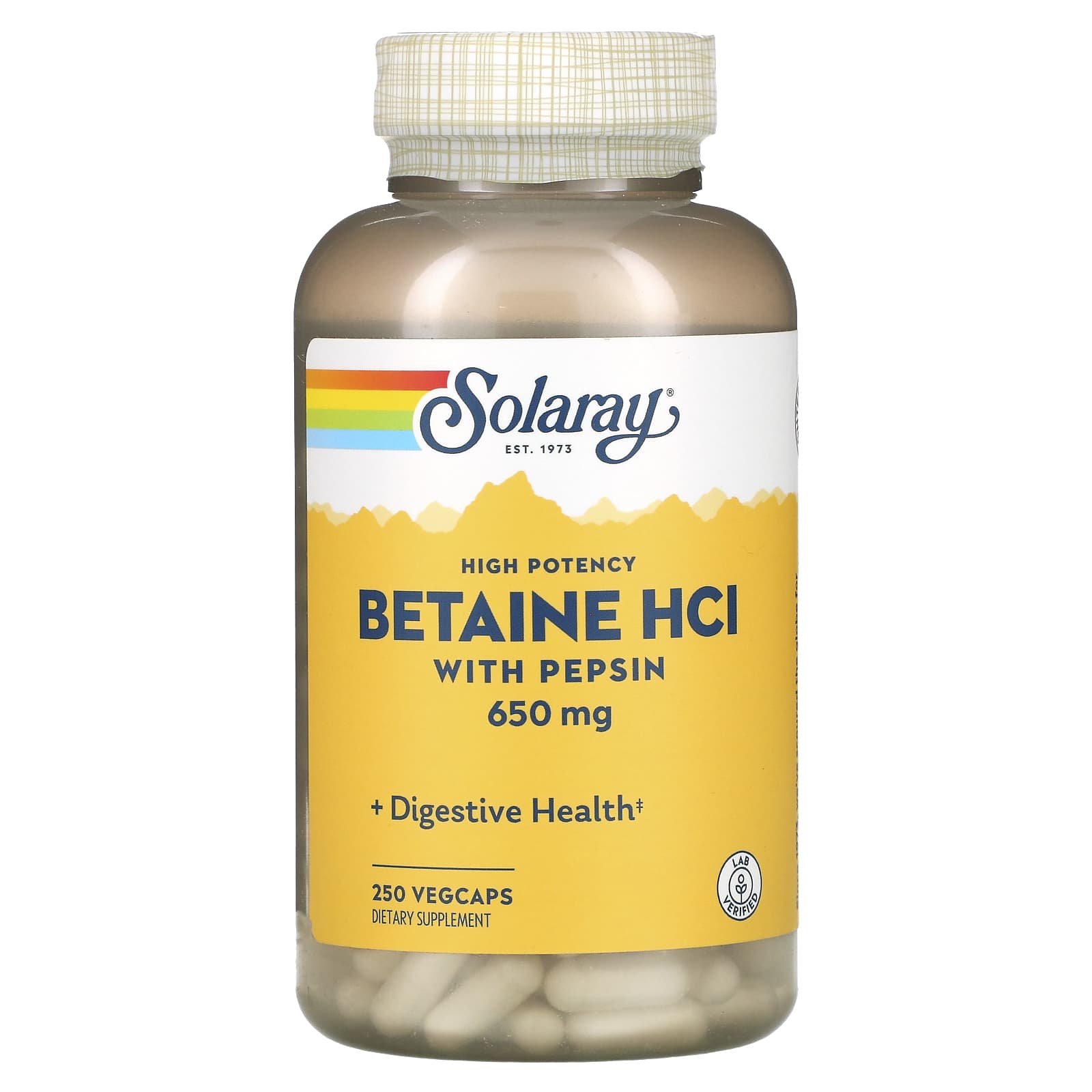 Solaray, High Potency Betaine HCl with Pepsin, 650 mg, 250 VegCaps UPC 076280048155 | HiLife Vitamins