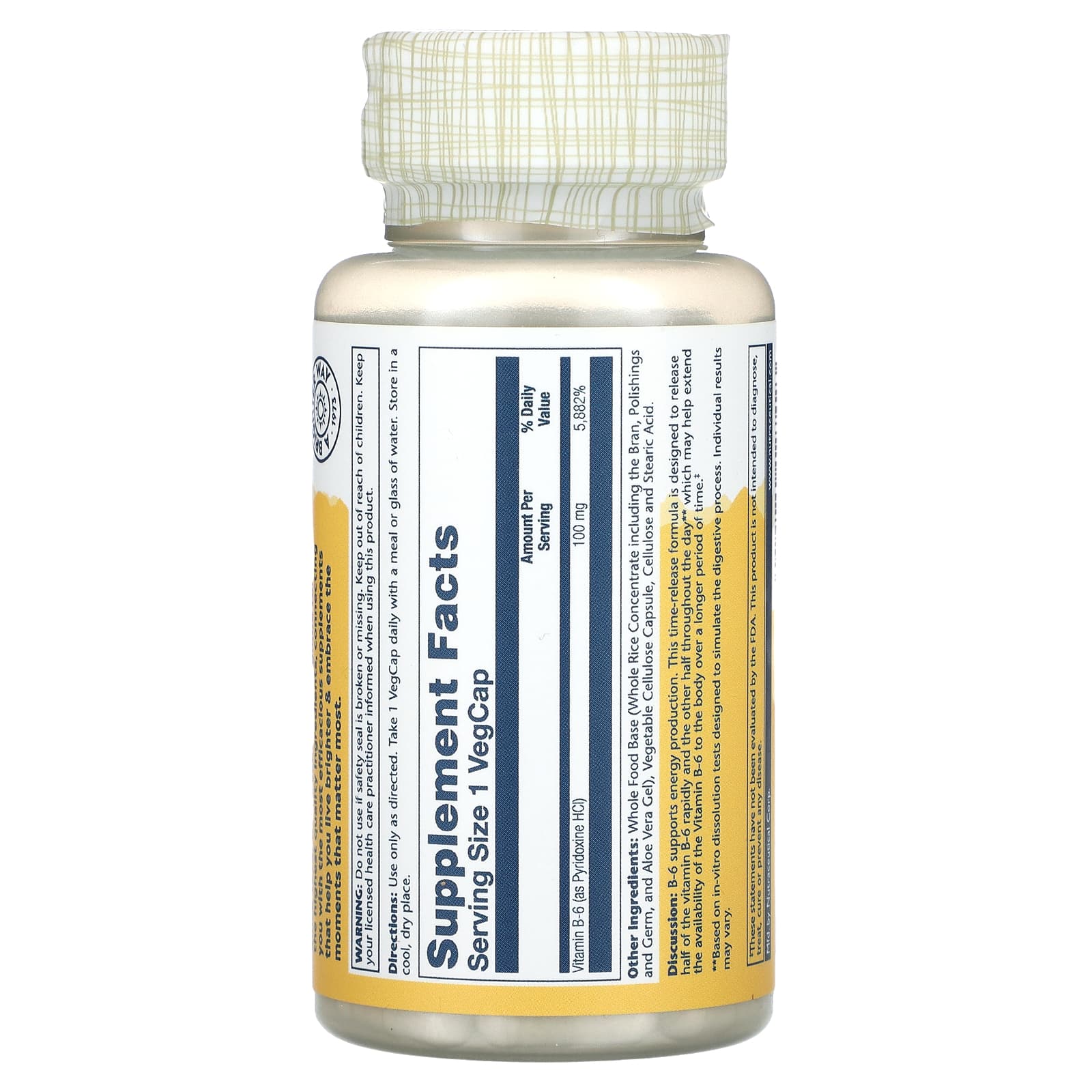 Solaray, Vitamin B-6, Timed Release, 100 mg, 60 VegCaps UPC 076280127423 | HiLife Vitamins