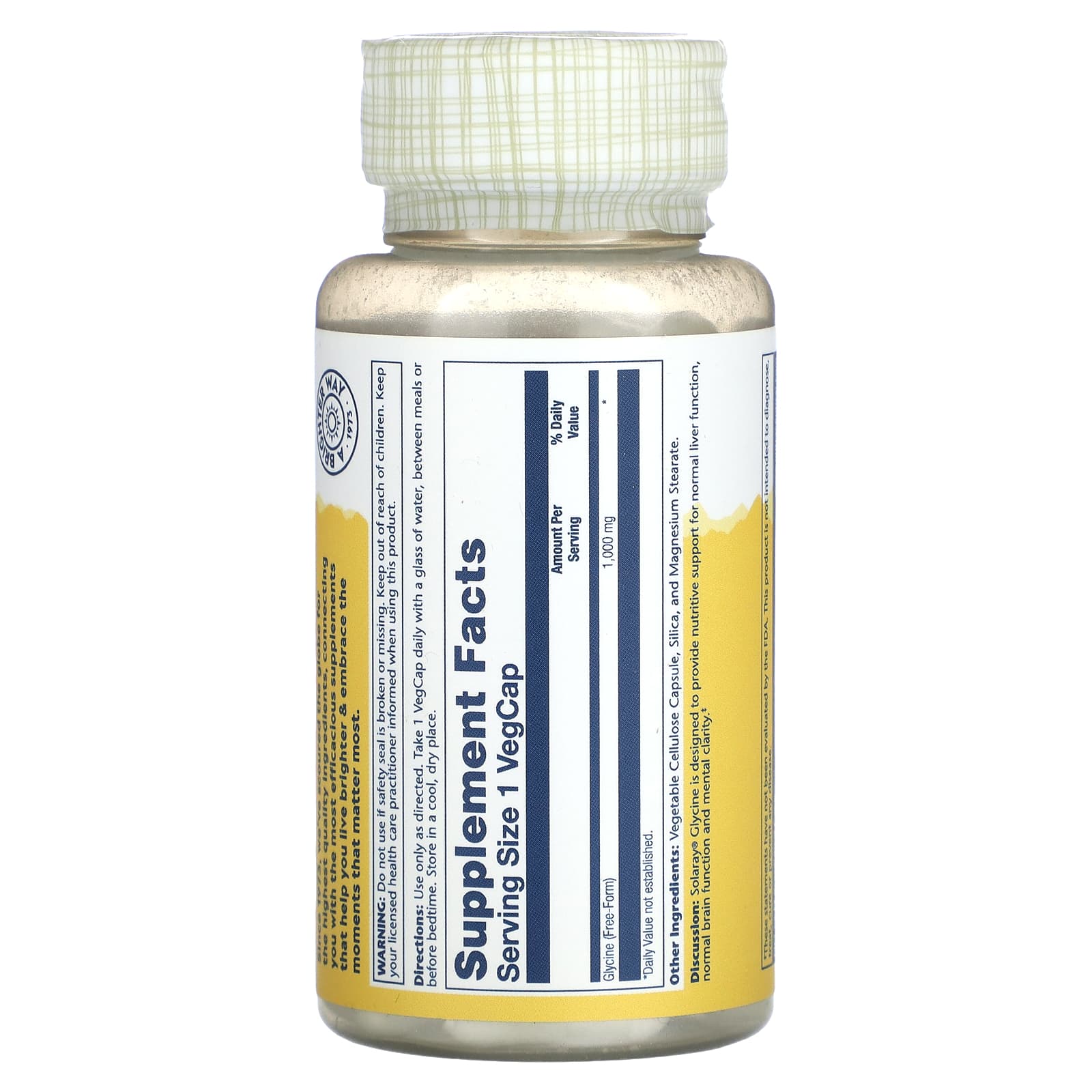 Solaray, Glycine , 1,000 mg, 60 Vegetarian Capsules UPC 076280183481 | HiLife Vitamins