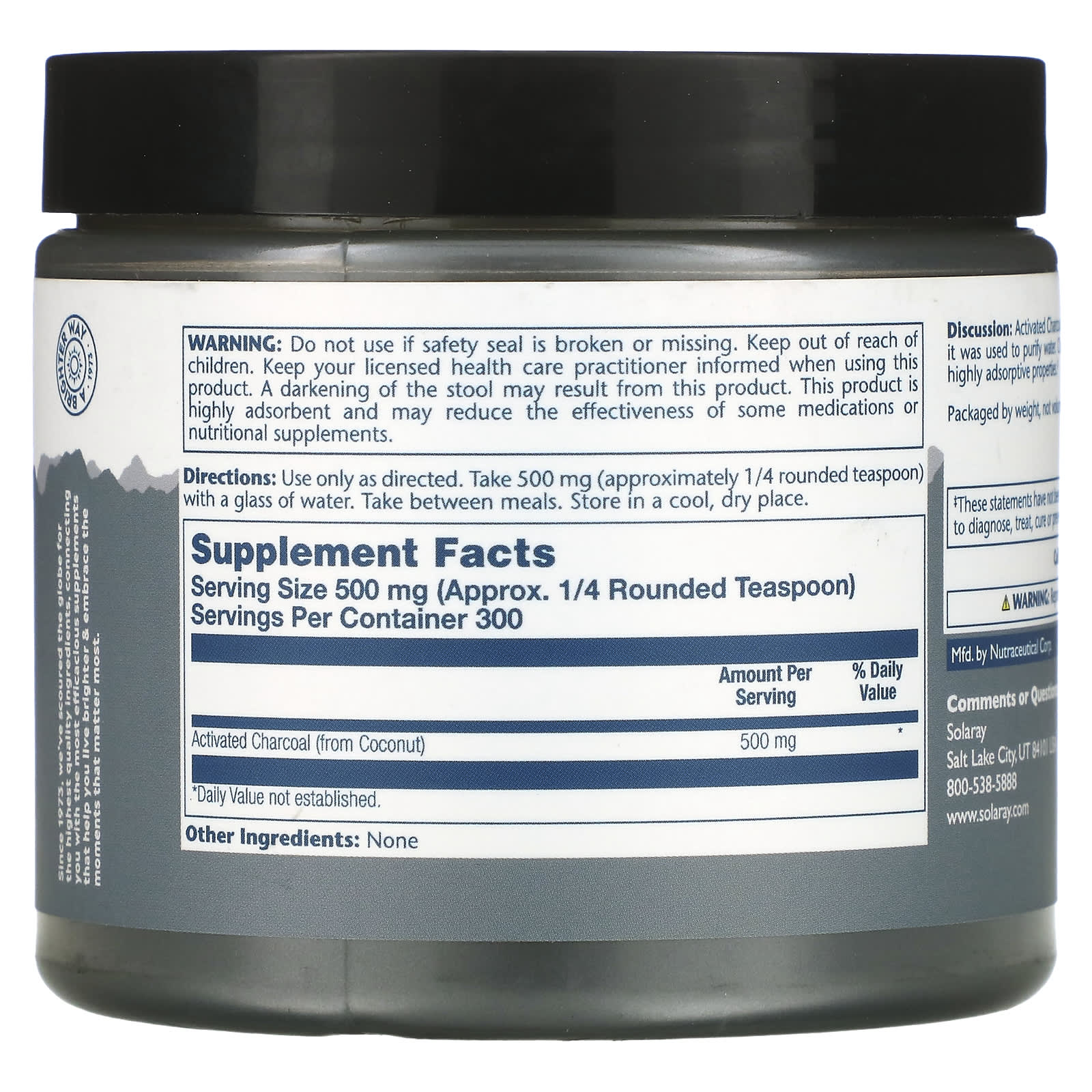Solaray, Activated Coconut Charcoal Powder, 500 mg, 5.3 oz UPC 076280426083 | HiLife Vitamins