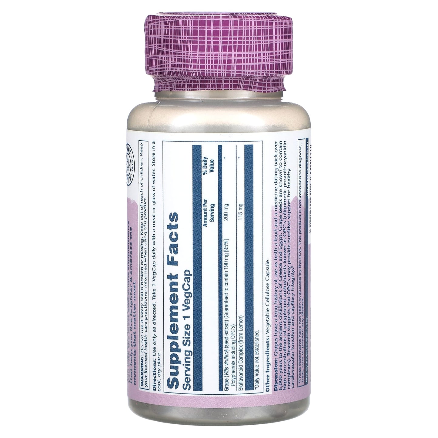 Solaray, Vital Extracts, Grape Seed , 200 mg, 60 VegCaps UPC 076280661187 | HiLife Vitamins