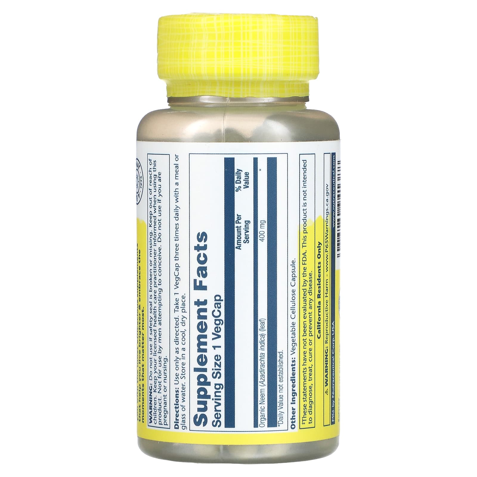 Solaray, Organically Grown Neem Leaf, 100 VegCaps UPC 076280941388 | HiLife Vitamins