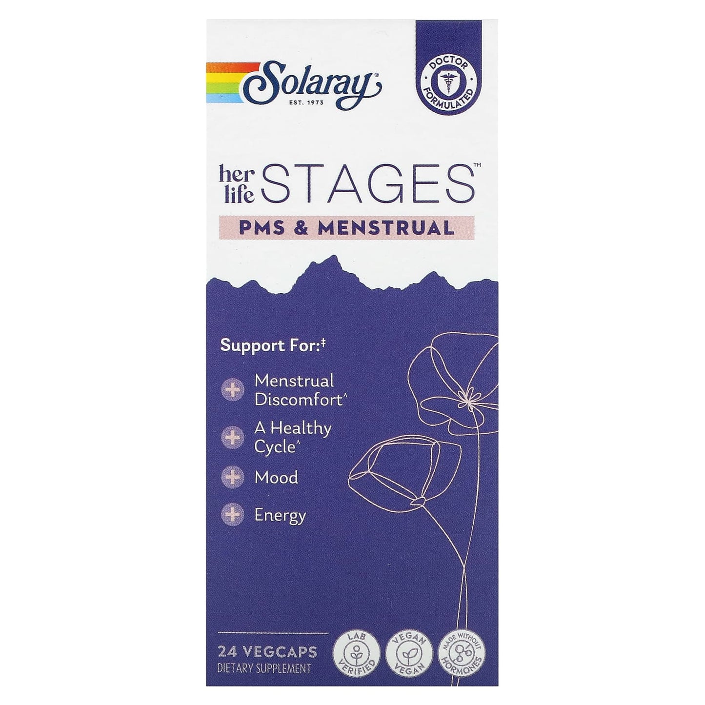 Solaray, Her Life Stages, PMS & Menstrual, 24 VegCaps UPC 076280946123 | HiLife Vitamins