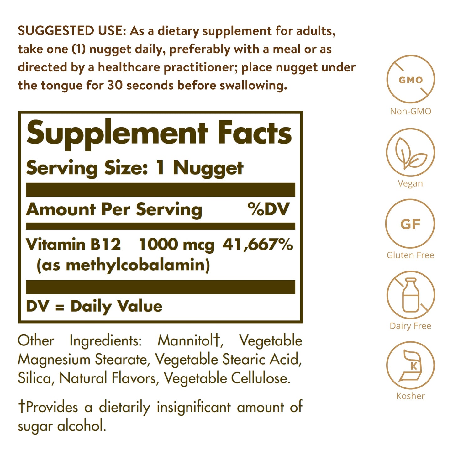 Solgar, Methylcobalamin (Vitamin B12), 1,000 mcg, 60 Nuggets UPC 033984019515 | Hilife Vitamins