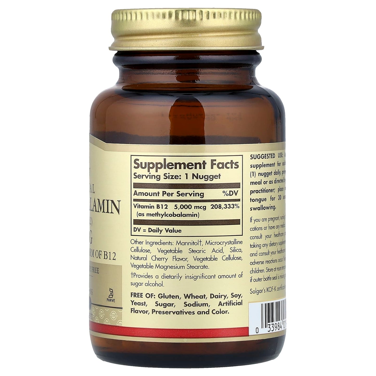 Solgar, Sublingual Methylcobalamin (Vitamin B12), 5,000 mcg, 60 Nuggets UPC 033984019591 | HiLife Vitamins