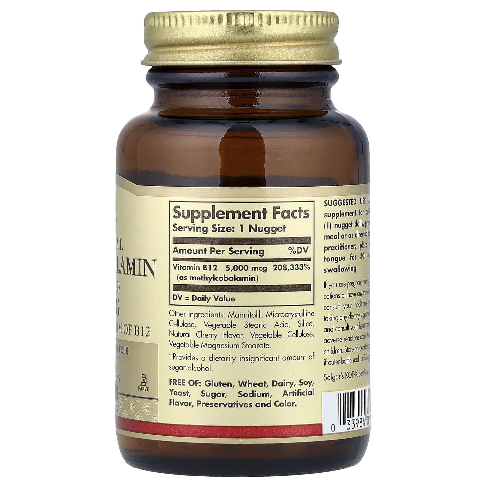 Solgar, Sublingual Methylcobalamin (Vitamin B12), 5,000 mcg, 60 Nuggets UPC 033984019591 | HiLife Vitamins