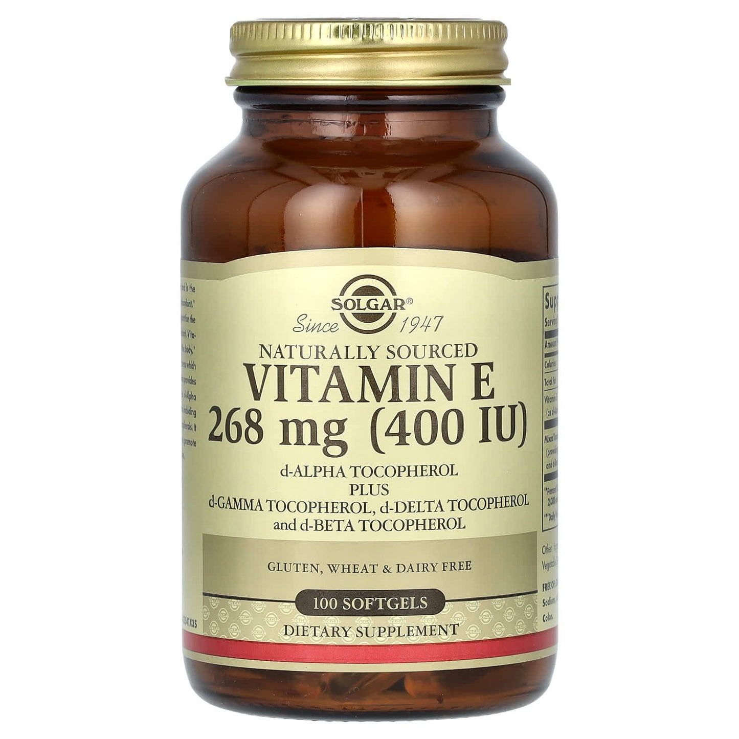 Solgar, Naturally Sourced Vitamin E, 268 mg (400 IU), 100 Softgels UPC 033984035416 | HiLife Vitamins