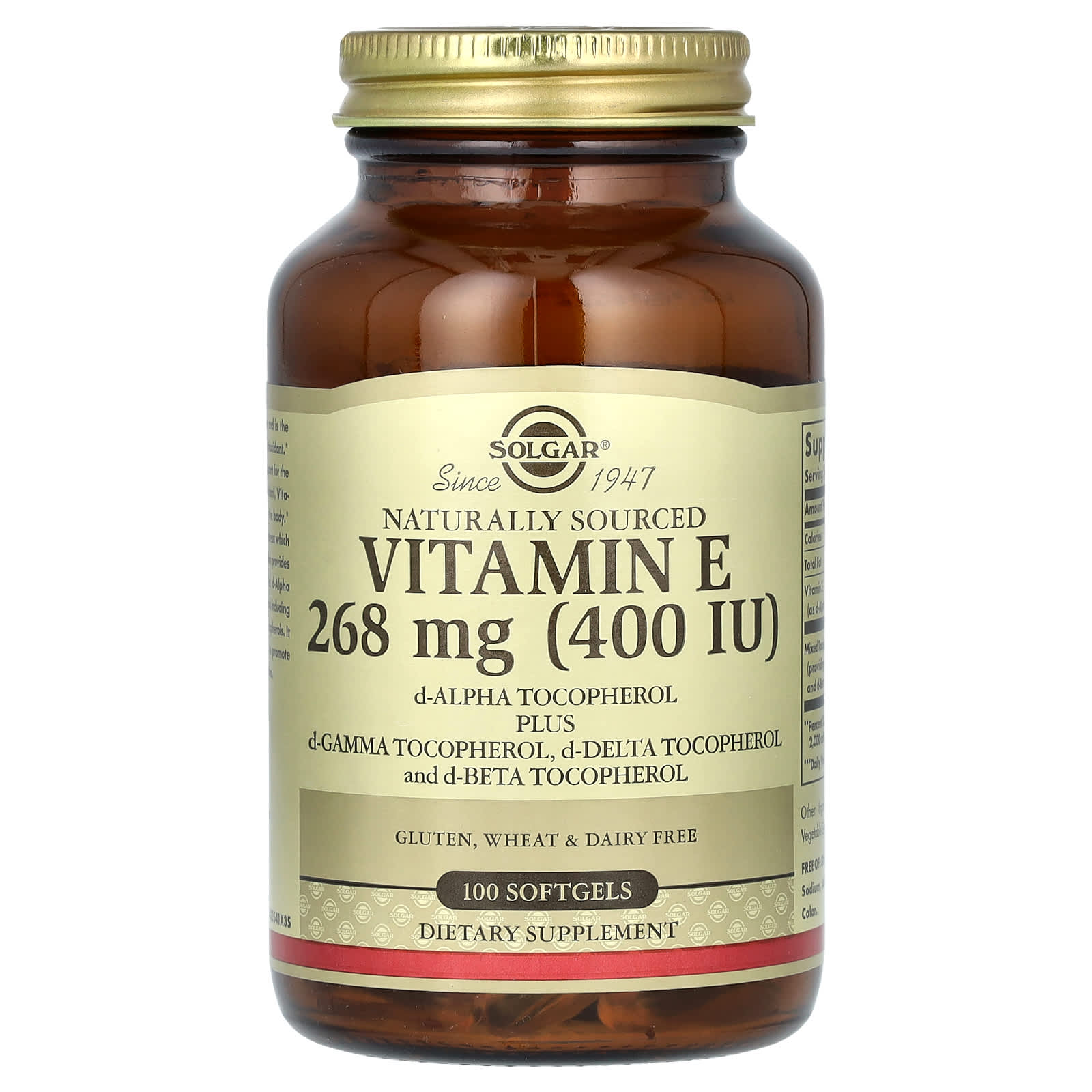 Solgar, Naturally Sourced Vitamin E, 268 mg (400 IU), 100 Softgels UPC 033984035416 | HiLife Vitamins