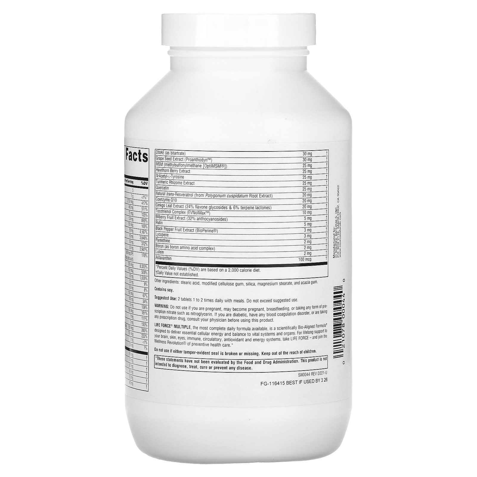 Source Naturals, Life Force Multiple, No Iron, 180 Tablets UPC 021078000440 | HiLife Vitamins