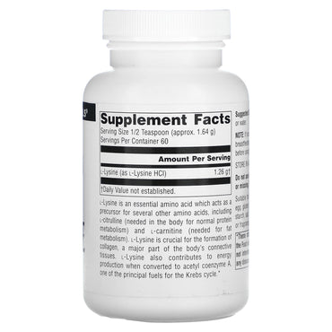 Source Naturals, L-Lysine, 100 Gm UPC 021078001355 | Hilife Vitamins
