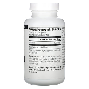 Source Naturals, Charcoal 260 mg, 200 Capsules UPC 021078001362 | Hilife Vitamins