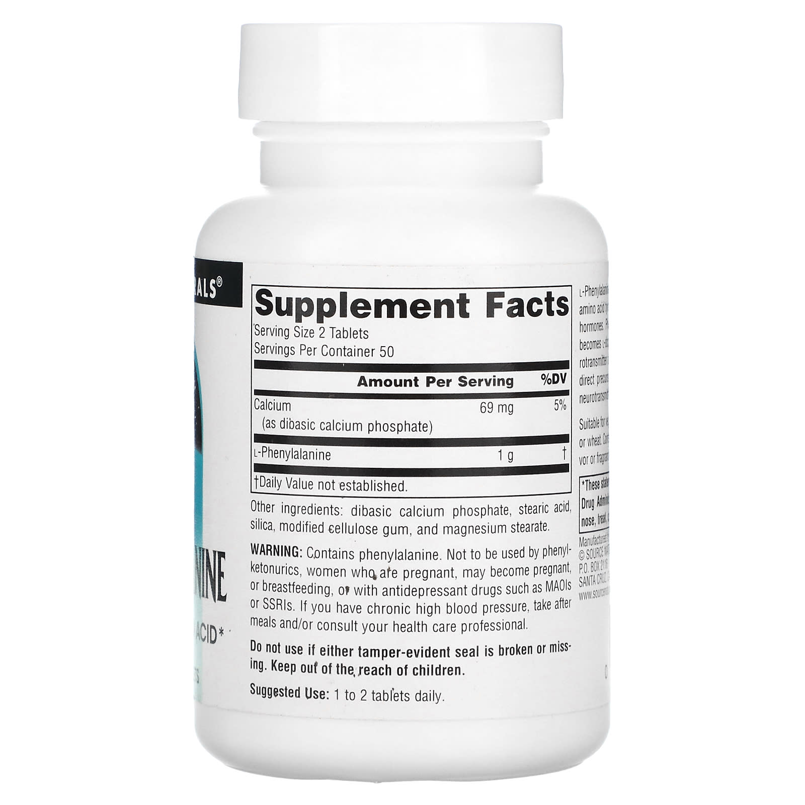 Source Naturals, L-Phenylalanine 500 mg, 100 Tablets UPC 021078001614 | Hilife Vitamins