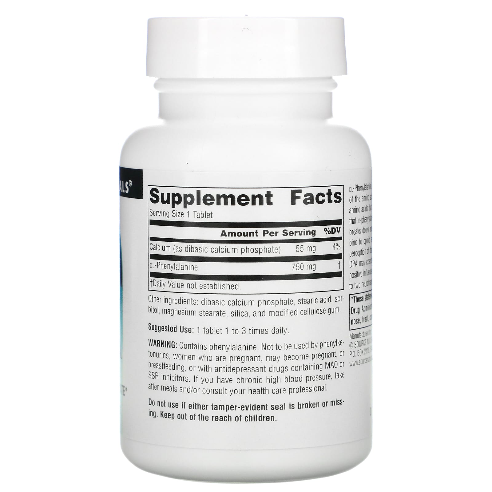 Source Naturals, DLPA 750 mg, 60 Tablets UPC 021078001652 | Hilife Vitamins