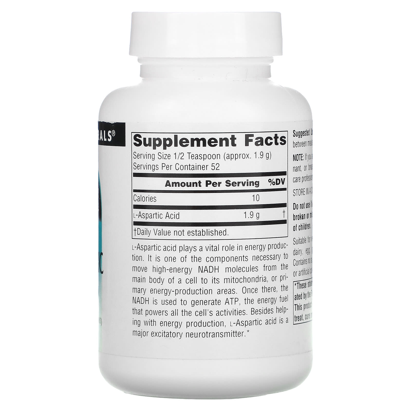 Source Naturals, L-Aspartic Acid, 100 Liquid UPC 021078001676 | Hilife Vitamins