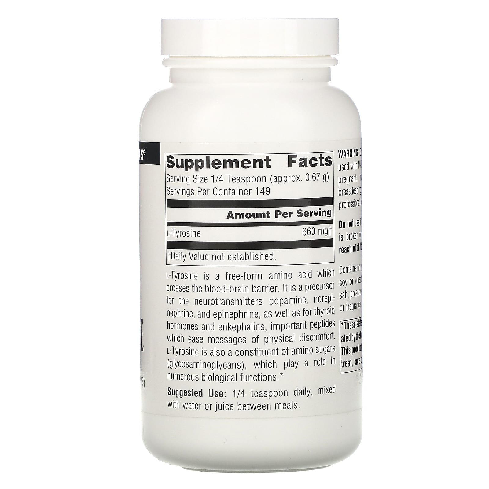 Source Naturals, L-Tyrosine, 100 Gm UPC 021078001874 | Hilife Vitamins