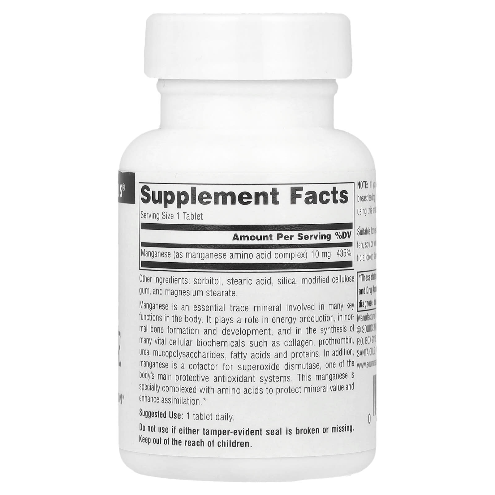 Source Naturals, Manganese 10 mg, 100 Tablets UPC 021078003427 | Hilife Vitamins