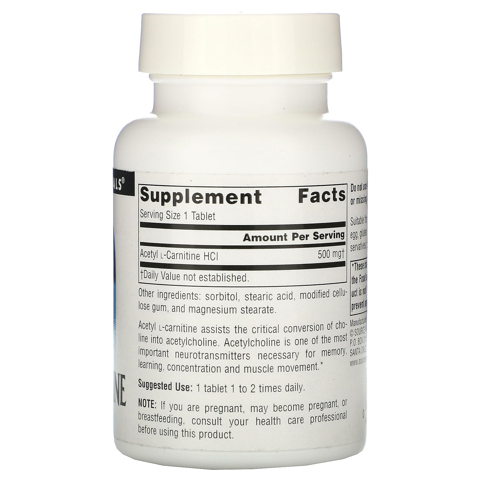 Source Naturals, Acetyl L-Carnitine 500 mg, 60 Tablets UPC 021078004998 | HiLife Vitamins