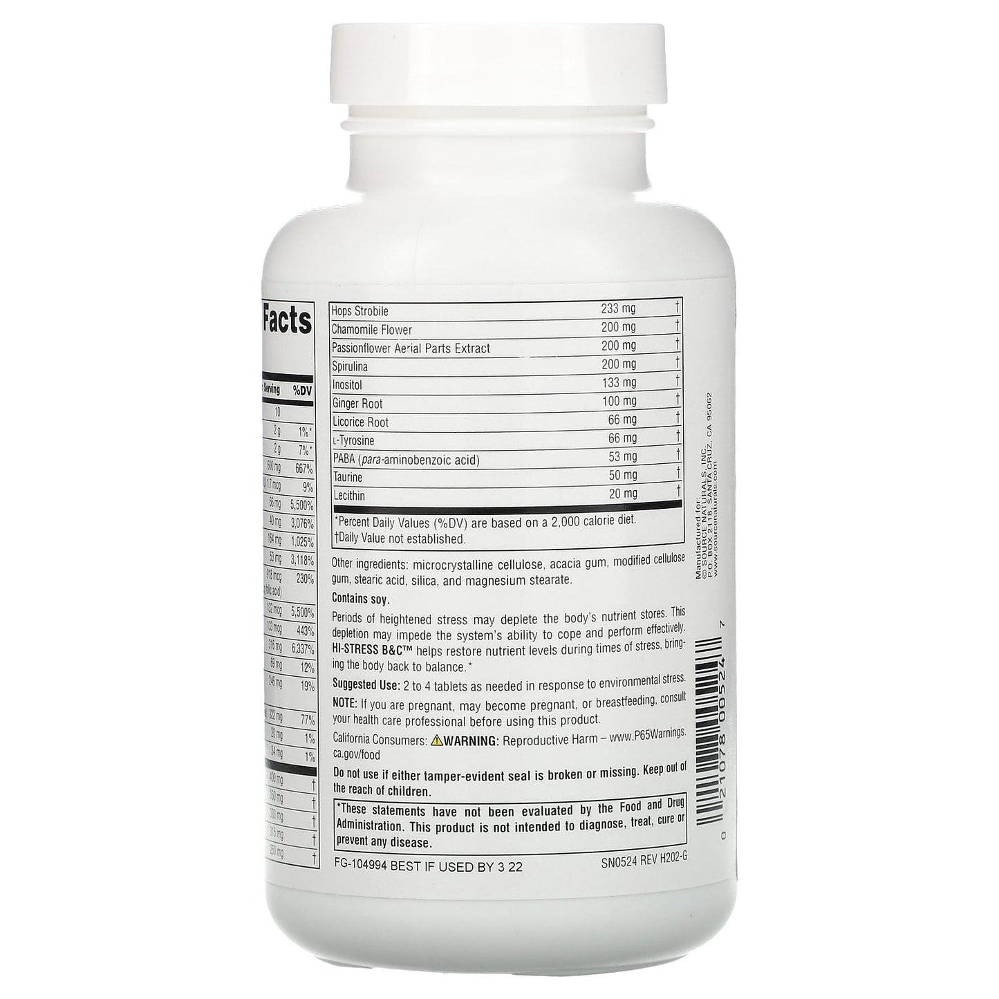 Source Naturals, Hi-Stress B&C™, 120 Tablets UPC 021078005247 | Hilife Vitamins