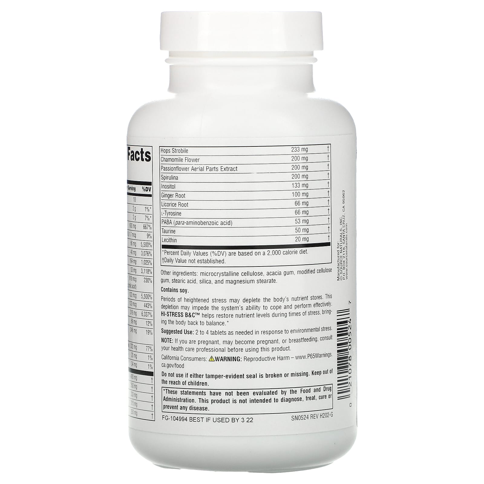 Source Naturals, Hi-Stress B&C™, 120 Tablets UPC 021078005247 | Hilife Vitamins